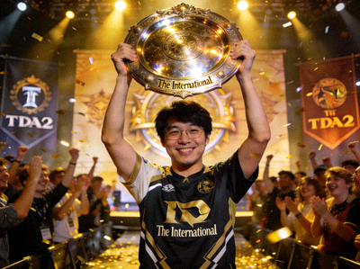 DOTA2明星选手Yatoro在TI夺冠后举起冠军神盾的庆祝画面