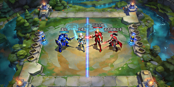 英雄联盟游戏内召唤师峡谷地图视角，双方英雄在中路对峙